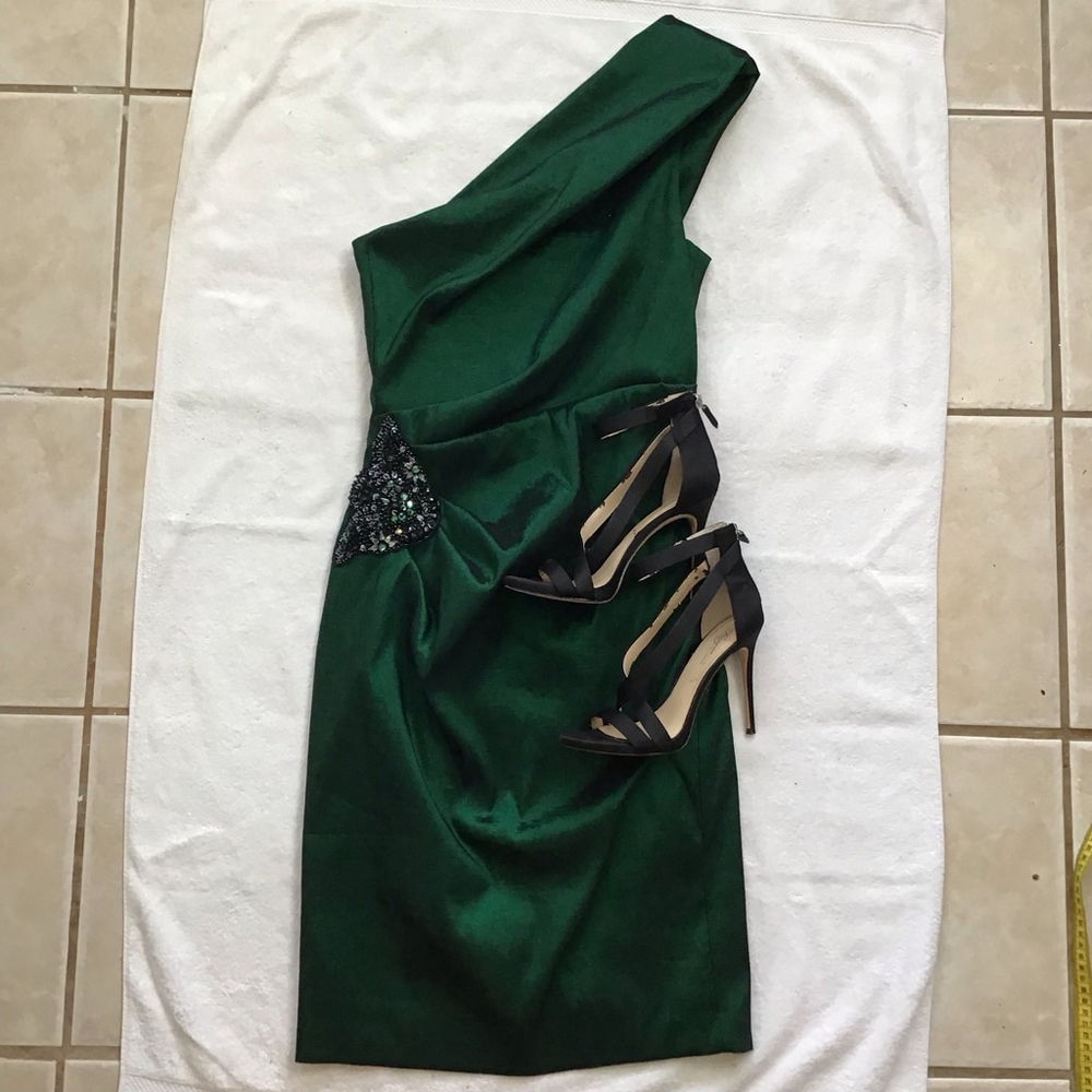 XSCAPE by Joanna Chen Women Elegant Dark Emerald Green One Shoulder Dress Sz 10 - Picture 2 of 14